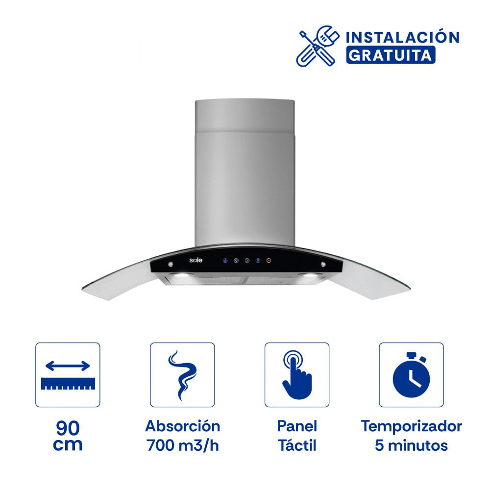 Imagen 2 del producto Campana extractora Sole Venus Classic 1 motor 270W, 90 cm, 3 niveles de absorción, plateado