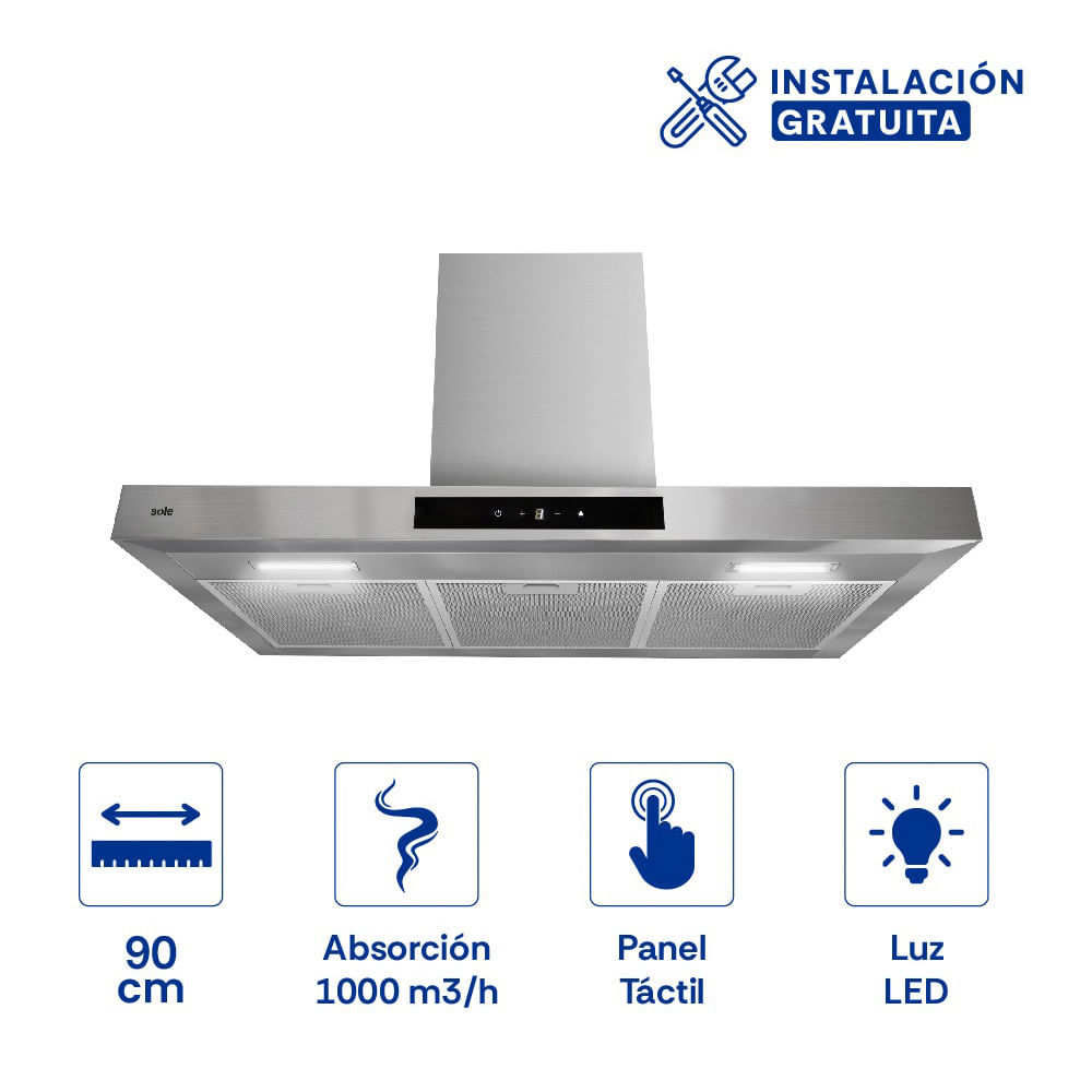 Imagen 2 del producto Campana decorativa Sole Onyx-T 1 motor 210w, 90 cm, 3 niveles de absorción, plateado