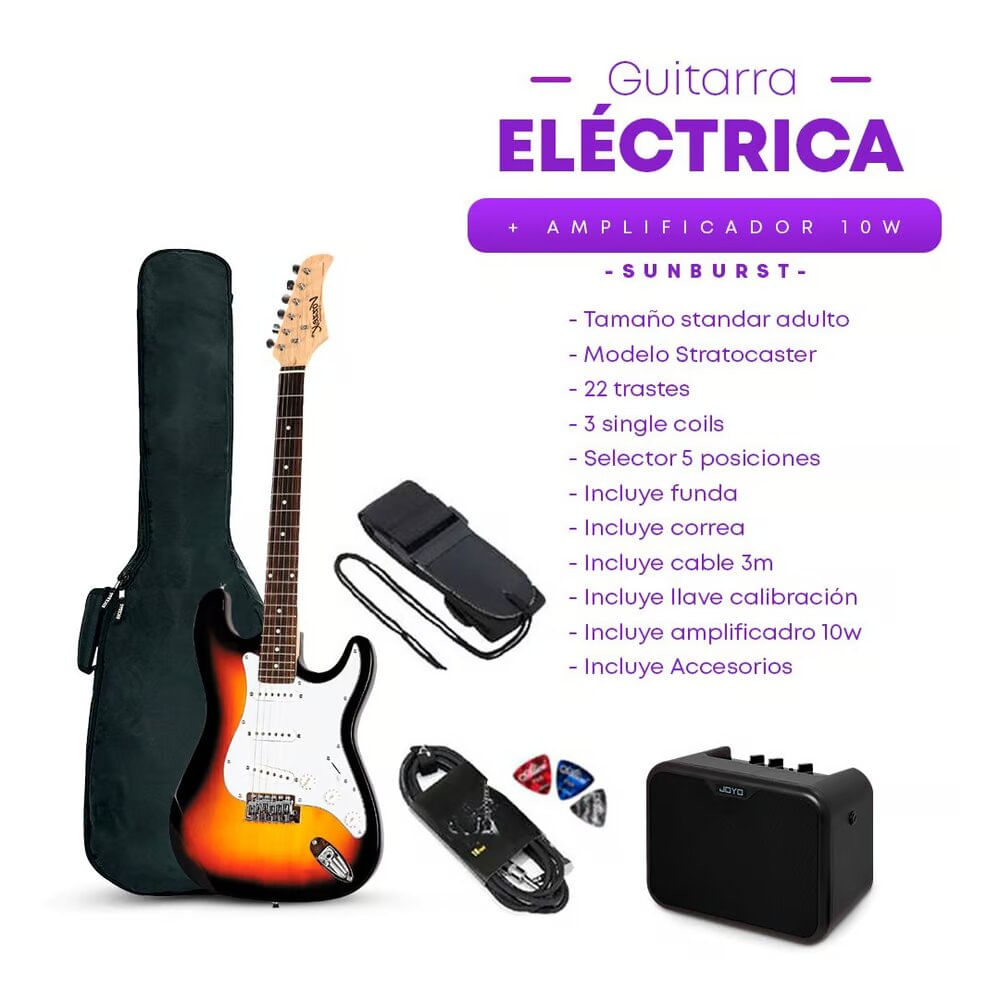 Imagen 2 del producto Guitarra eléctrica Vozzex Strato sunburst  + Amplificador Joyo MA-10E 10w, negro