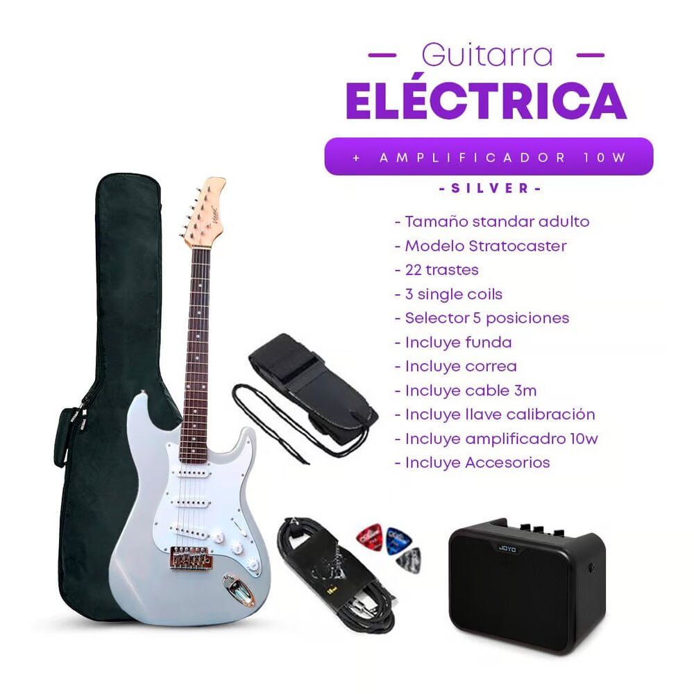 Imagen 2 del producto Guitarra eléctrica Vozzex Strato plateado + Amplificador Joyo MA-10E 10w, negro