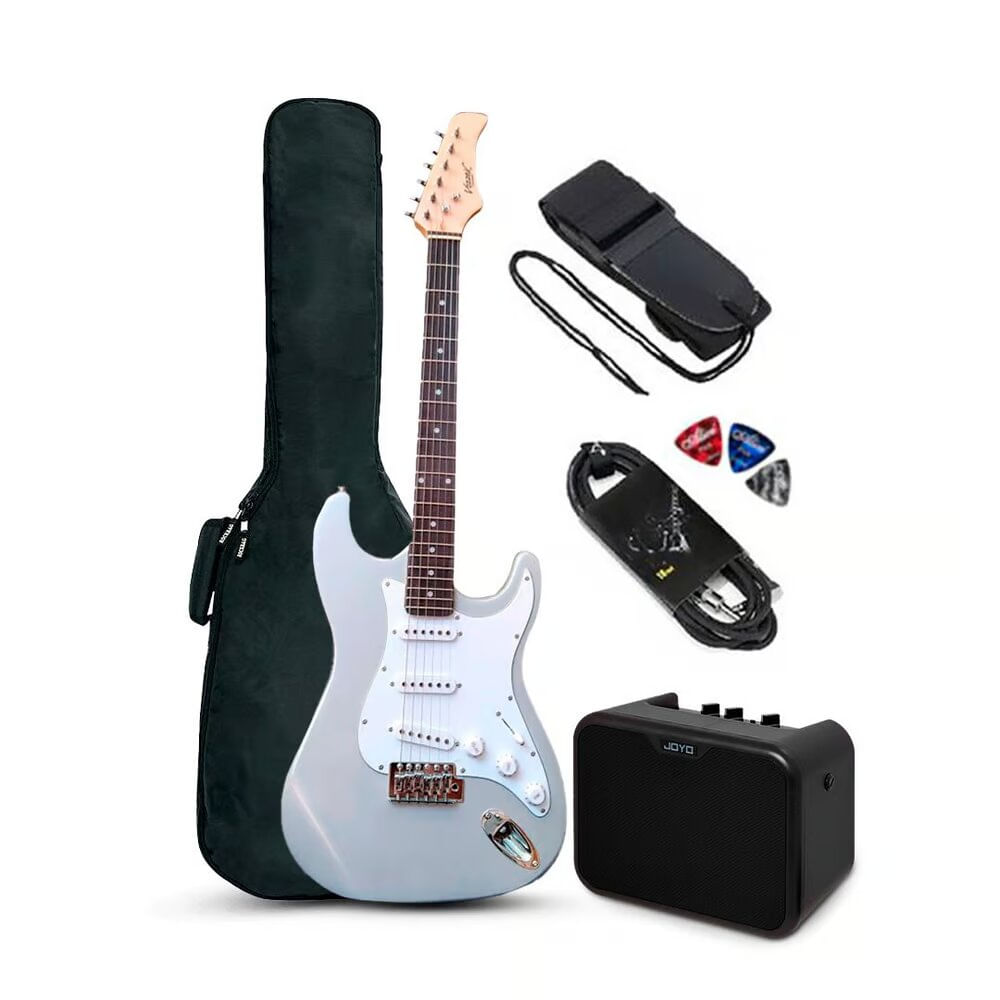 Guitarra eléctrica Vozzex Strato plateado + Amplificador Joyo MA-10E 10w, negro