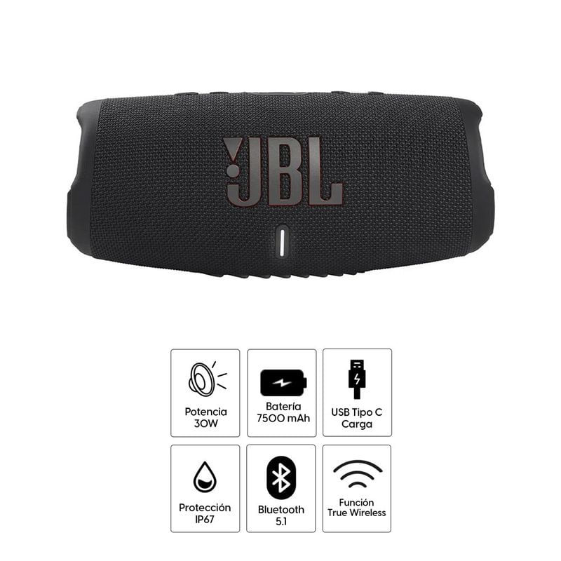 Imagen 2 del producto Reacondicionado: Parlante Bluetooth JBL Charge 5 30W, IP67, hasta 20 horas de reproducción, 7500 mAh, Función TWS, USB-C, negro