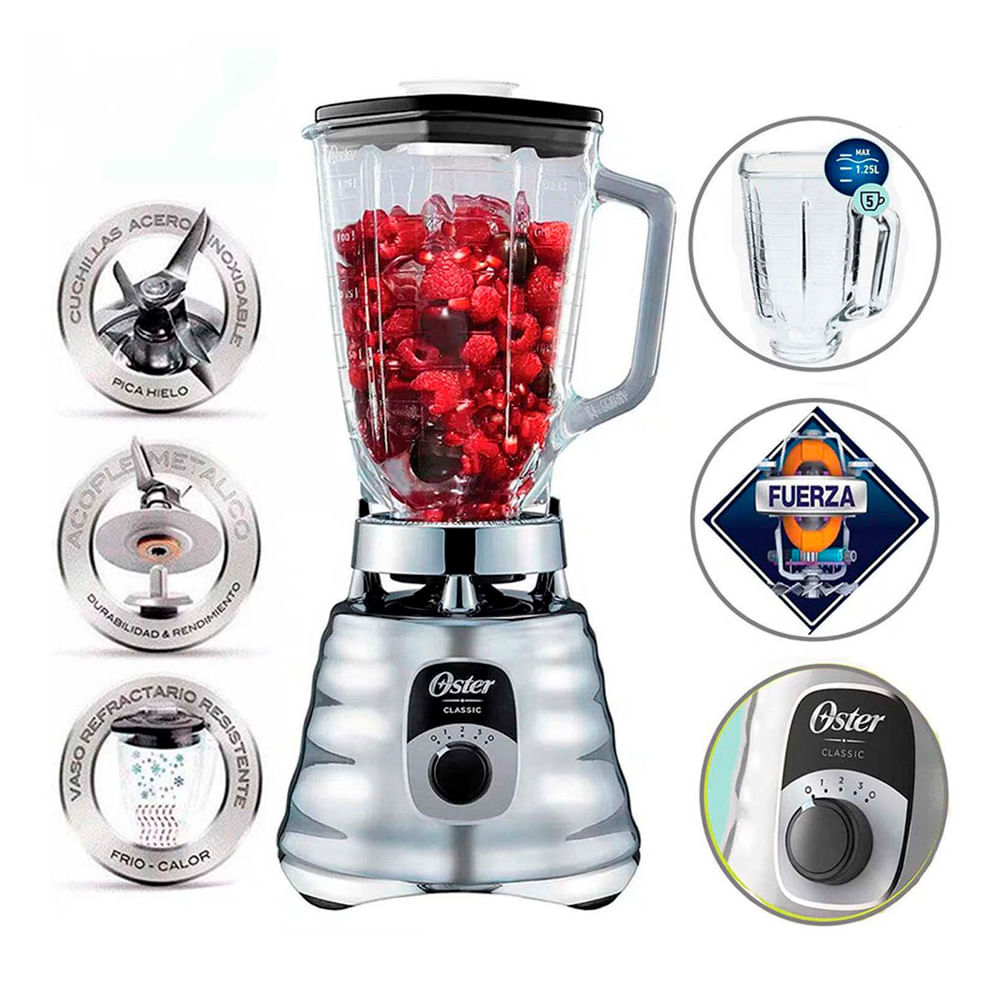 Licuadora clásica Oster BLST4655 1000w, 3 velocidades, con vaso de vidrio de 1.25 litros, cromada
