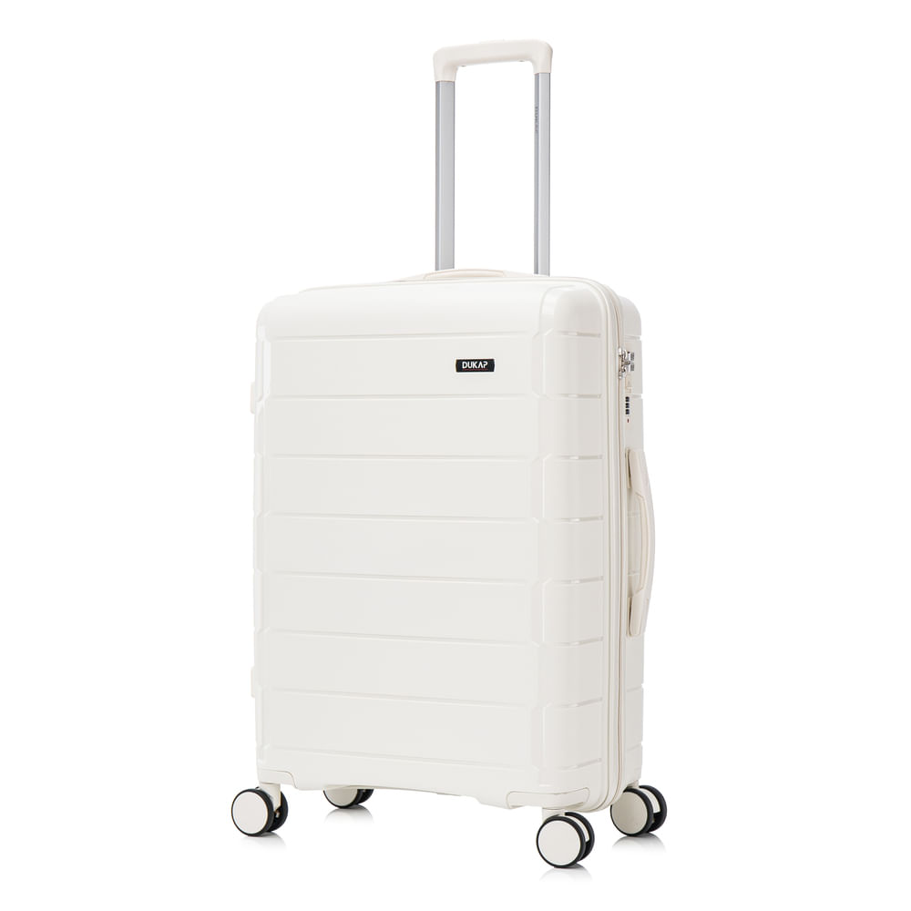 Imagen 1 del producto Maleta mediana Dukap Monaco blanca, 60 cm, 4 ruedas 360°, 15 kg, liviana, con cerradura TSA y sistema autoportante