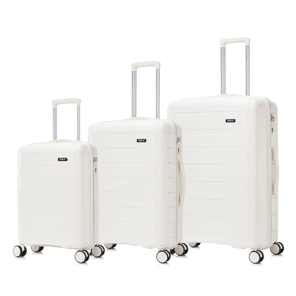 Combo: Maletas Dukap Monaco set 3 piezas, 51/61/71 cm, ruedas 360°, TSA, polipropileno, livianas, color blanco