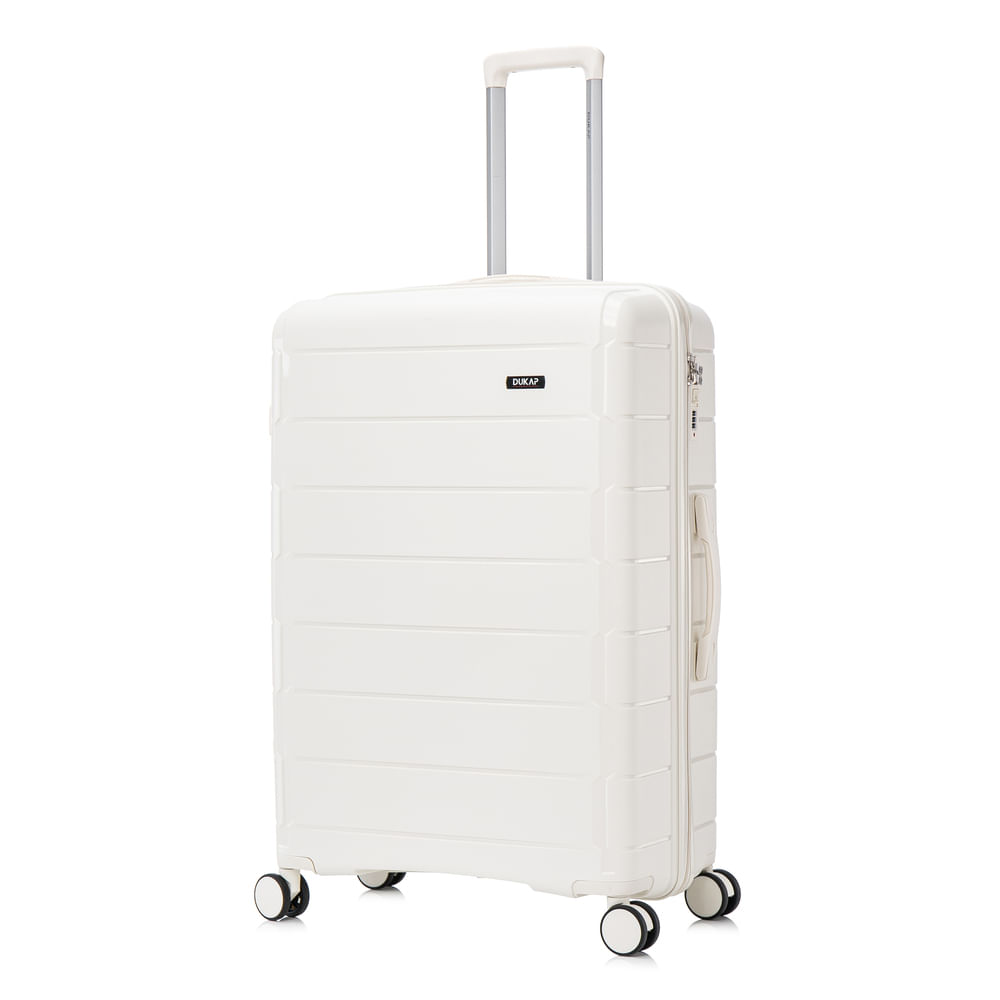 Maleta grande Dukap Monaco 71 cm, 4 ruedas dobles 360°, TSA, polipropileno, ultra liviana, blanco