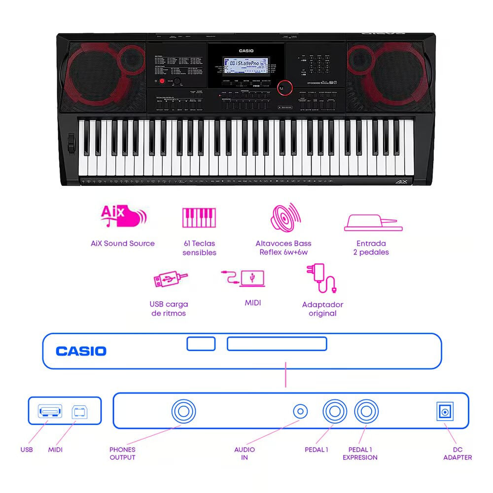 Imagen 2 del producto Pack semiprofesional Casio: Teclado musical CT-X3000 61 teclas.94 timbres, pantalla LCD, negro + Soporte + Funda + Adaptador