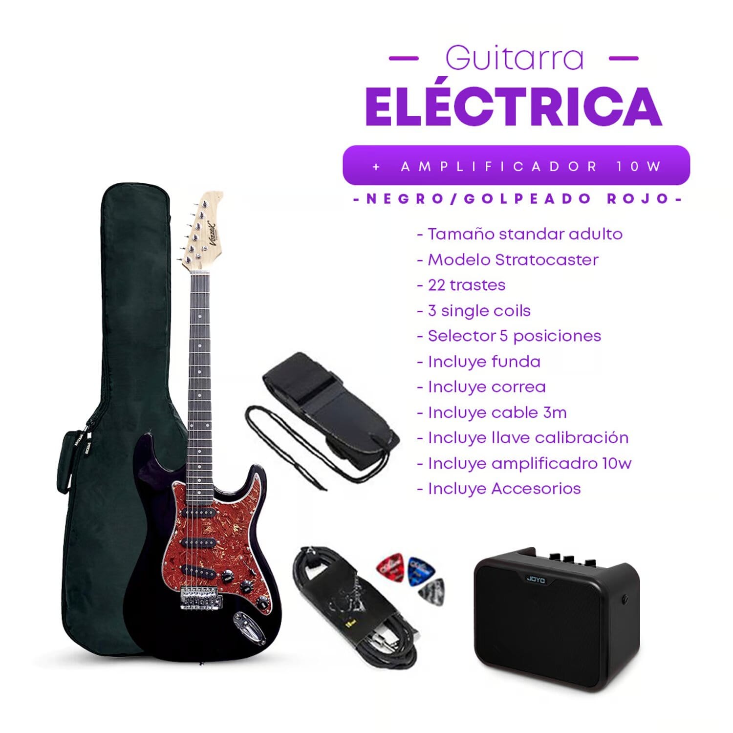 Imagen 2 del producto Guitarra Electrica Strato Black RD  + Amplificador Joyo MA-10E