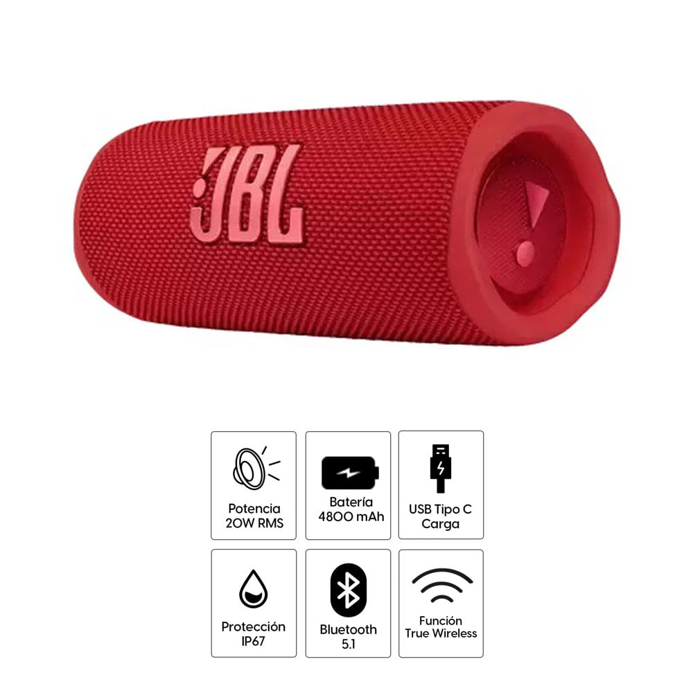 Imagen 2 del producto Parlante bluetooth JBL Flip 6 party boost, potencia 20W, resistente al agua IP67, hasta 12 horas de reproducción, rojo (reempacado)
