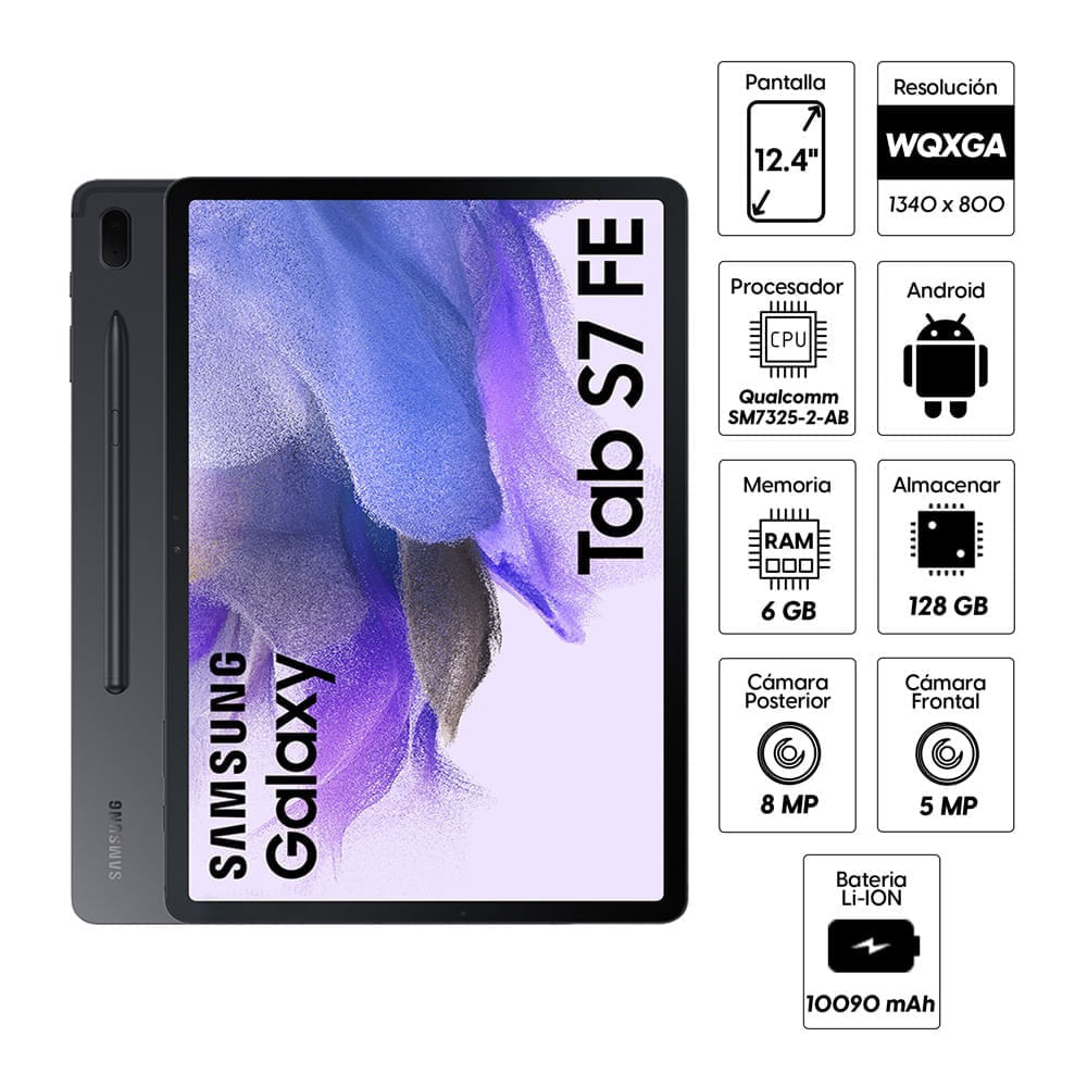 Imagen 2 del producto Tablet Samsung Galaxy Tab S7 FE 12.4"", 128GB, 6GB RAM, cámara principal 8MP y frontal 5MP, Qualcomm SM7325-2-AB, 10090 mAh, negro (reempacado)