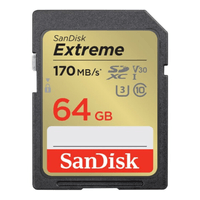 Memoria SanDisk Extreme 64GB 170MB/s, SDHC UHS-I, Clase 10, U3, V30, 4K UHD