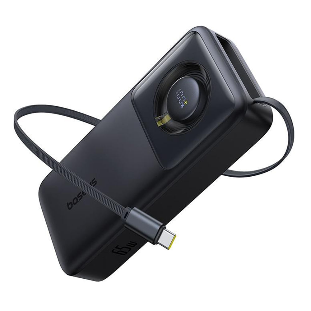 Batería externa Baseus 20000 mAh, 65W, cable retráctil, negro