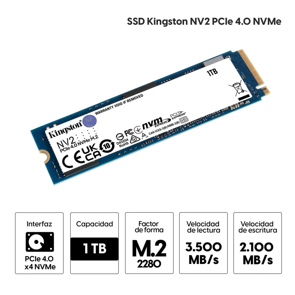 Imagen 2 del producto Unidad de estado sólido SSD Kingston NV2 1TB de capacidad, M.2, NVMe, PCIe 4.0 (reempacado)