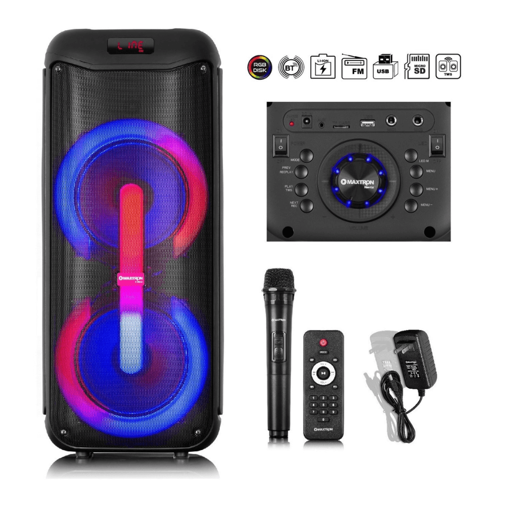 Parlante Maxtron Collins MX 335V Karaoke, 2 bocinas de 8” + micrófono, LED RGB, BT, USB, negro