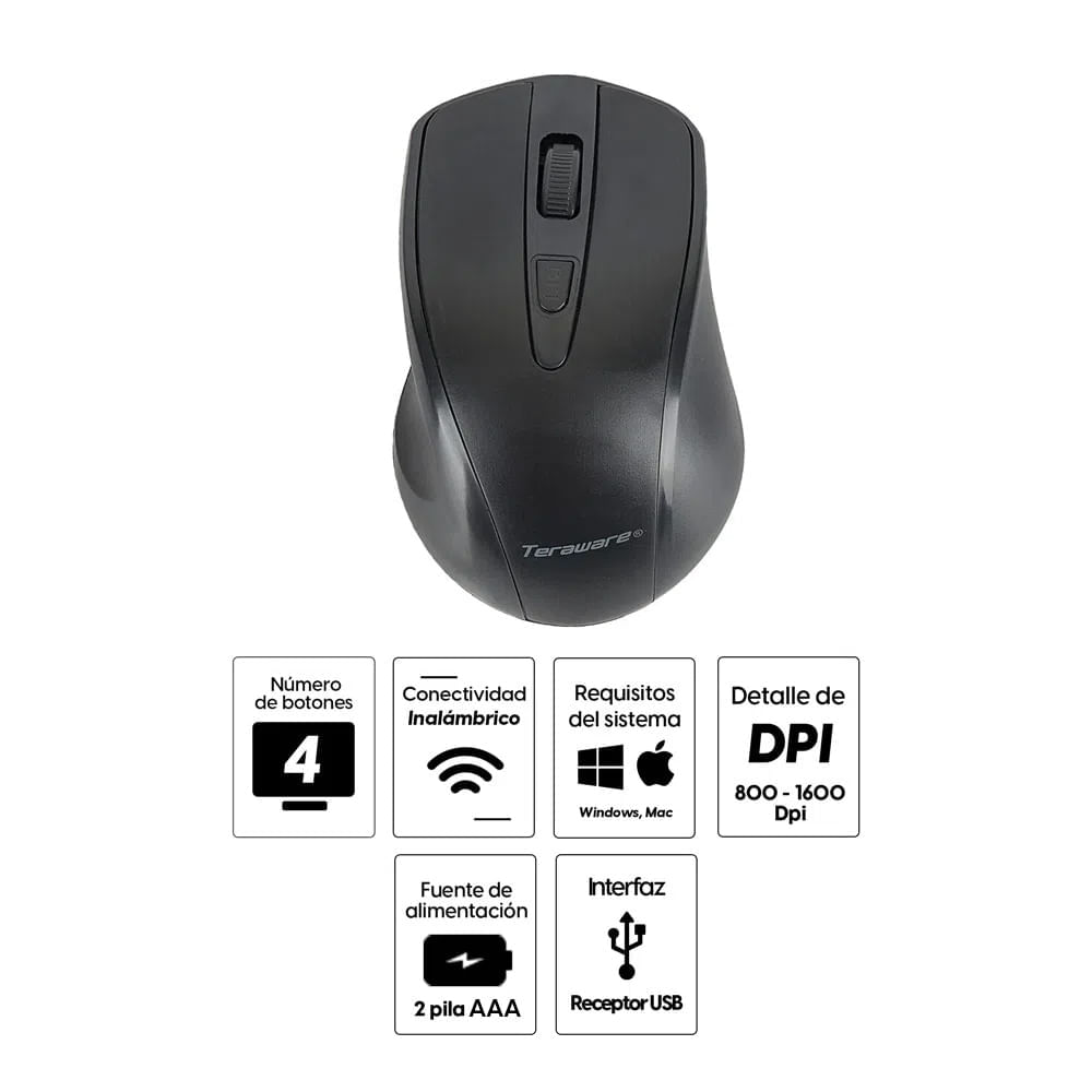 Imagen 2 del producto Reacondicionado: Mouse inalámbrico Coolbox Teraware 4W019, receptor usb, 1600 dpi, 4 botones, usa pilas, negro