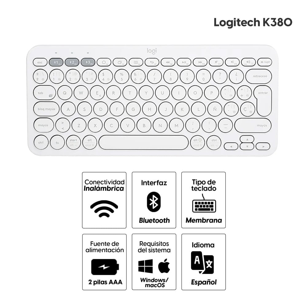 Imagen 2 del producto Reacondicionado: Teclado inalámbrico Logitech K380 bluetooth, multidispositivo, usa pilas, layout español, blanco