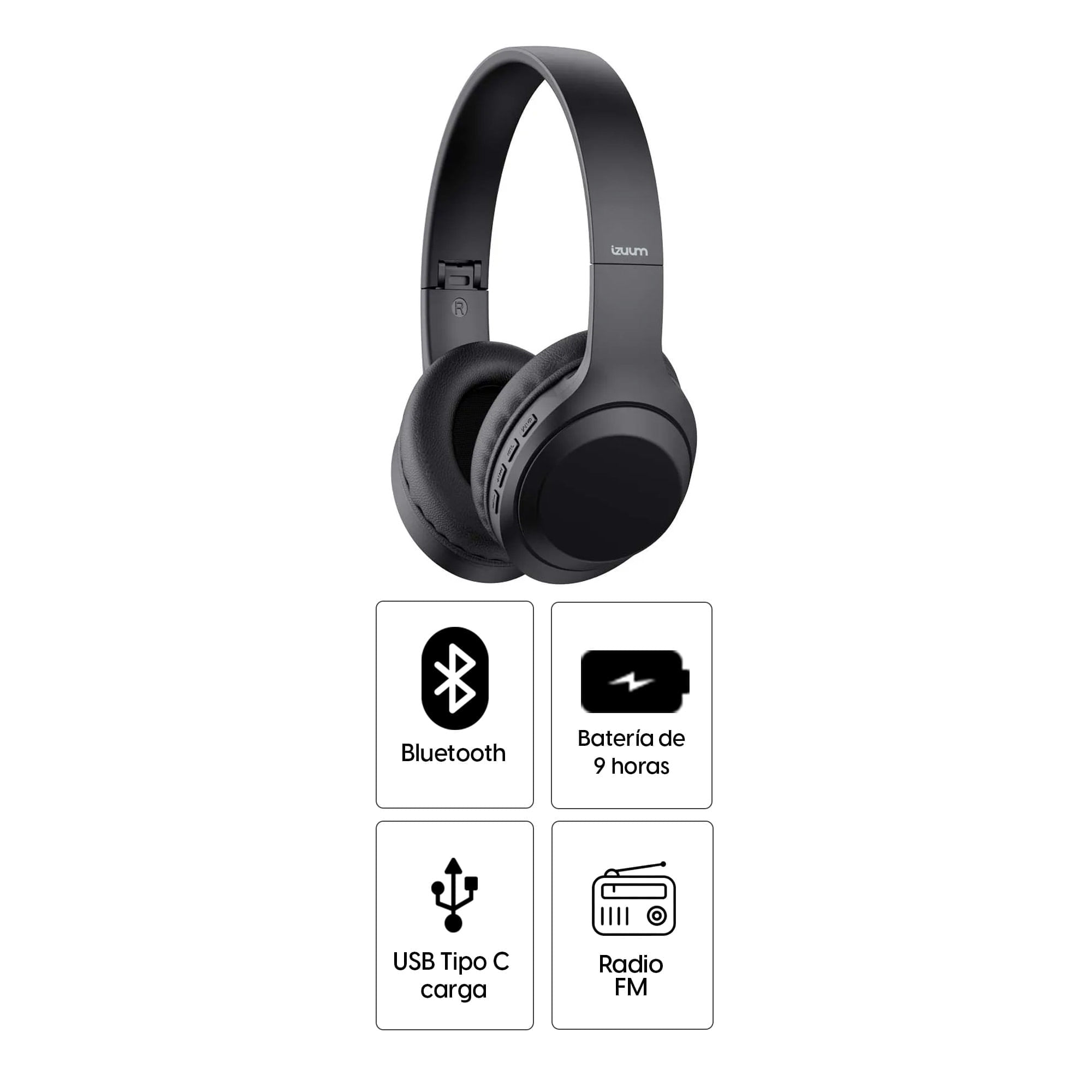 Imagen 2 del producto Reacondicionado: Audífonos bluetooth on ear Izuum Black Beat 2 con radioFM, micrófono incorporado máx. 9 horas, control de música y llamadas, negro