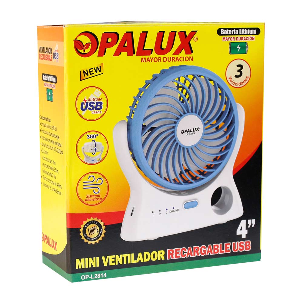 Imagen 2 del producto Reacondicionado: Mini ventilador Opalux 4"" recargable usb, 3 velocidades, 360°