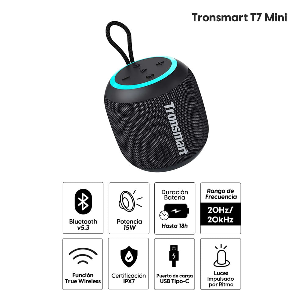 Imagen 2 del producto Reacondicionado: Parlante bluetooth Tronsmart T7 mini 15W, resistente al agua IPX7, hasta 18 horas de reproducción, luces led, negro