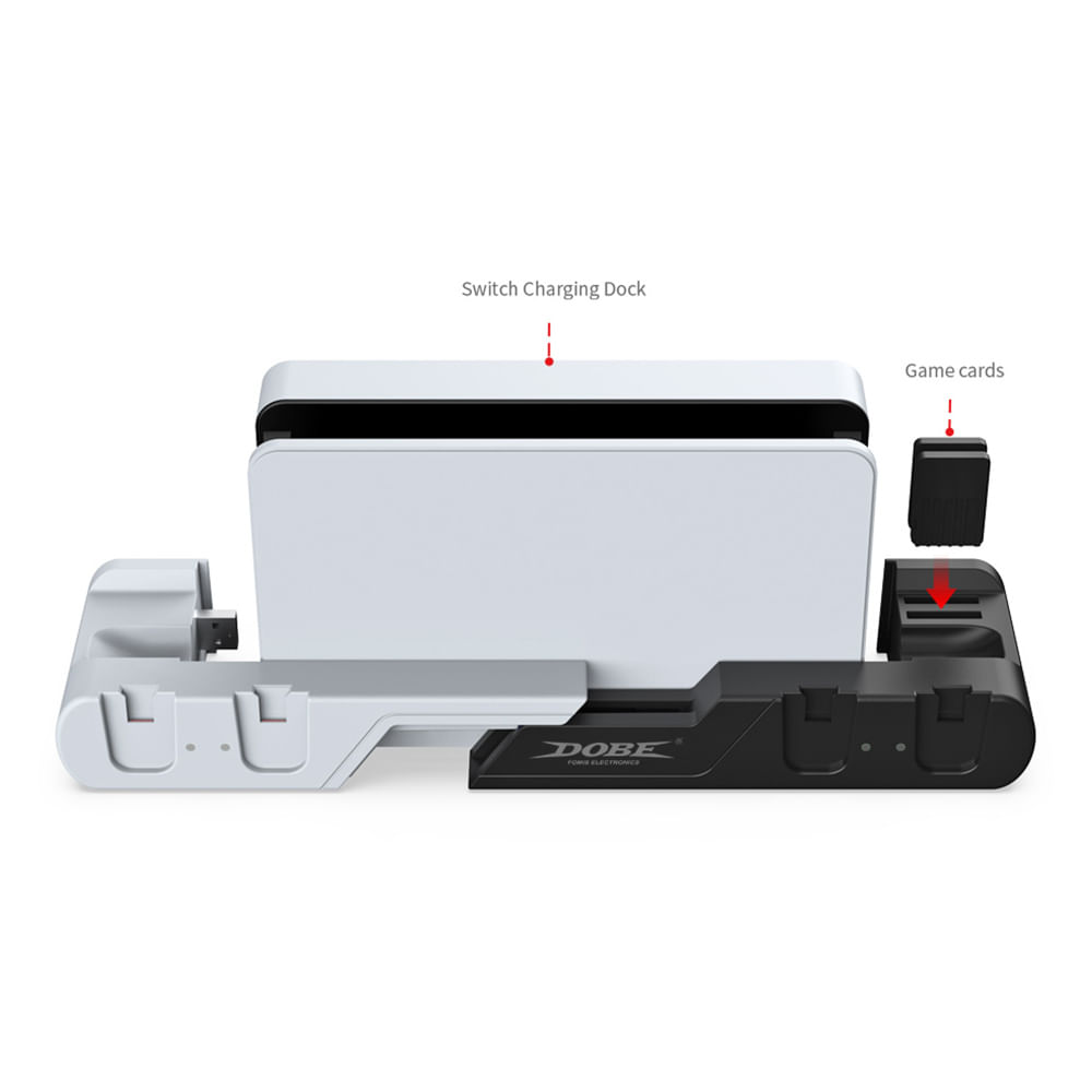 Imagen 2 del producto Base de carga Dobe para Nintendo Switch y Switch OLED, carga 4 Joy-Con, ranuras para juegos, LED indicador, plástico resistente, blanco