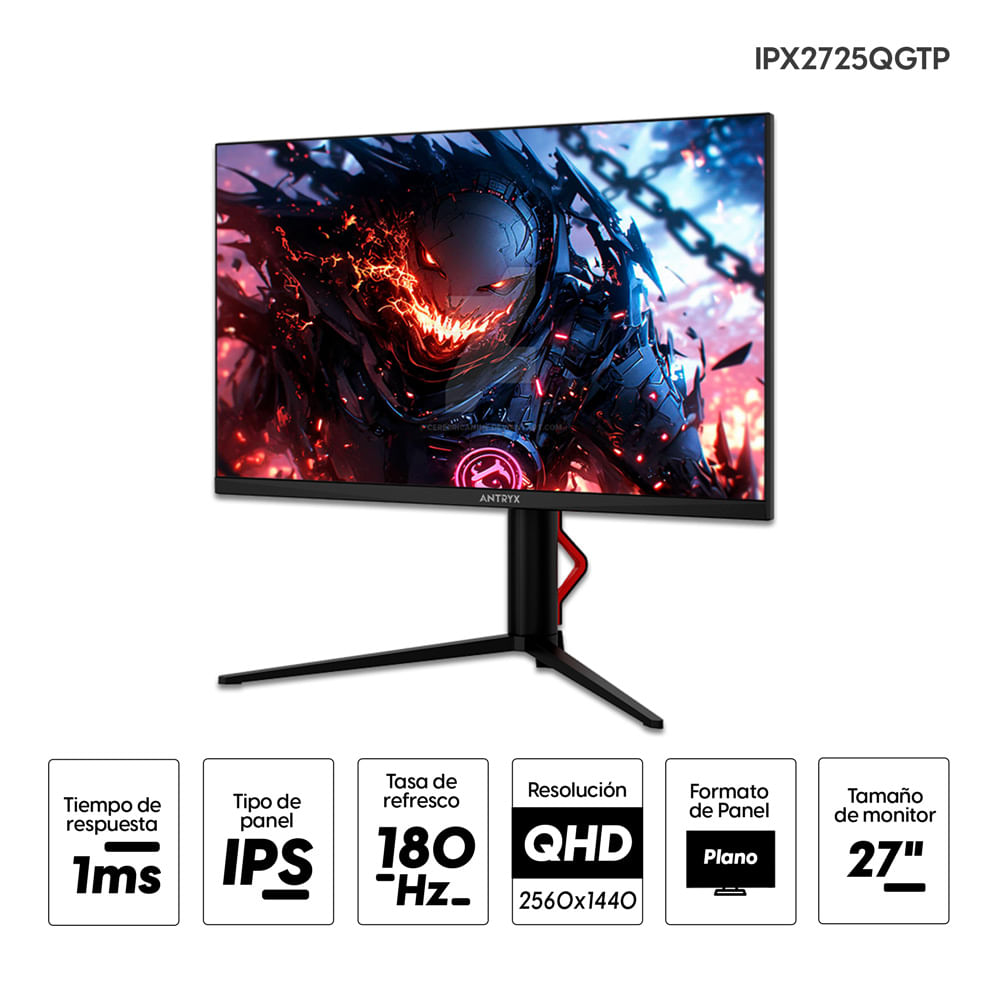 Imagen 2 del producto Monitor gamer plano Antryx IPX2725QGTP 27"", Panel IPS, QHD (2560 x 1440), 180Hz, 1ms, entradas DP 1.4 /HDMI 2.0