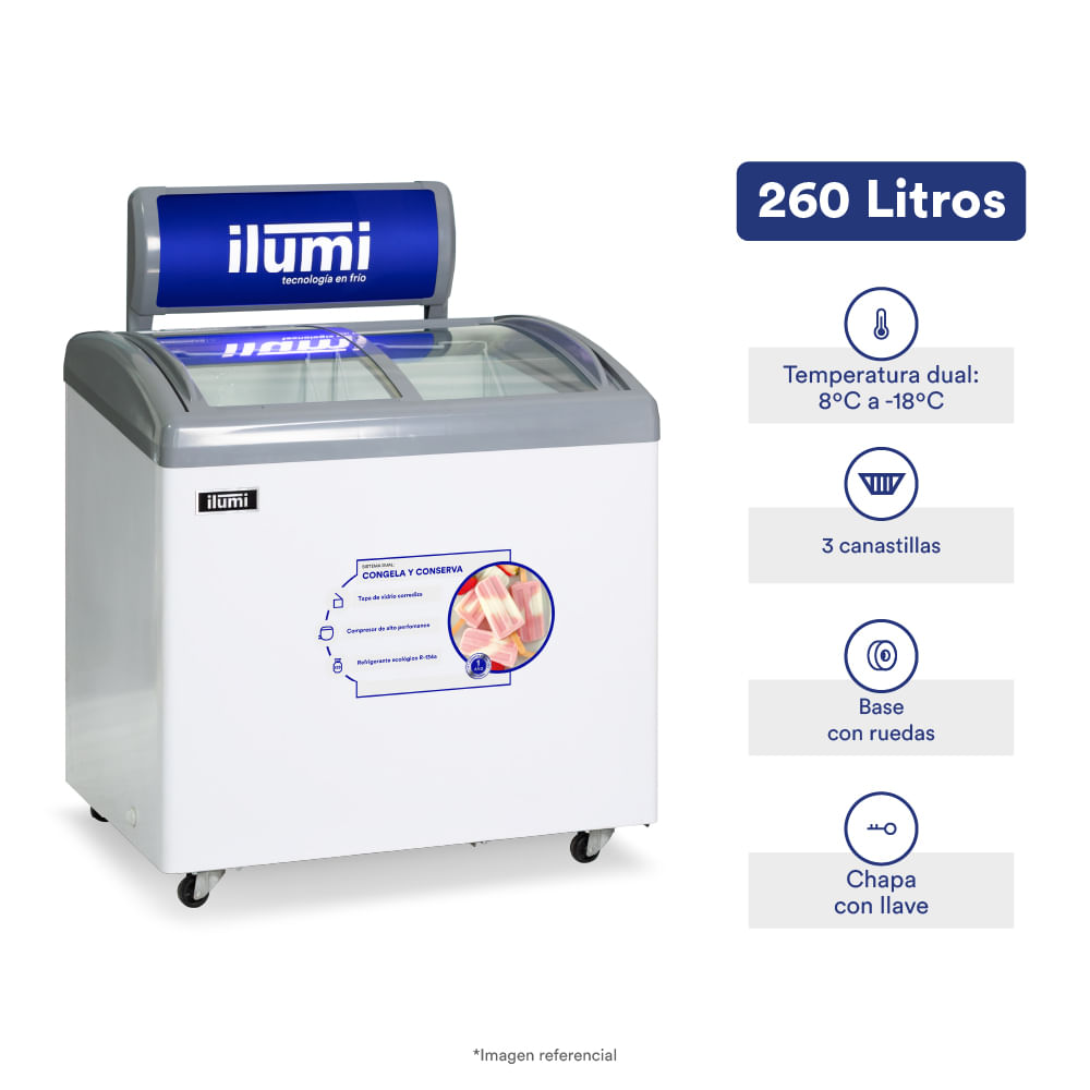 Imagen 2 del producto Congeladora Ilumi TF-2600, 260 litros, tapa de vidrio, acero inoxidable, blanco