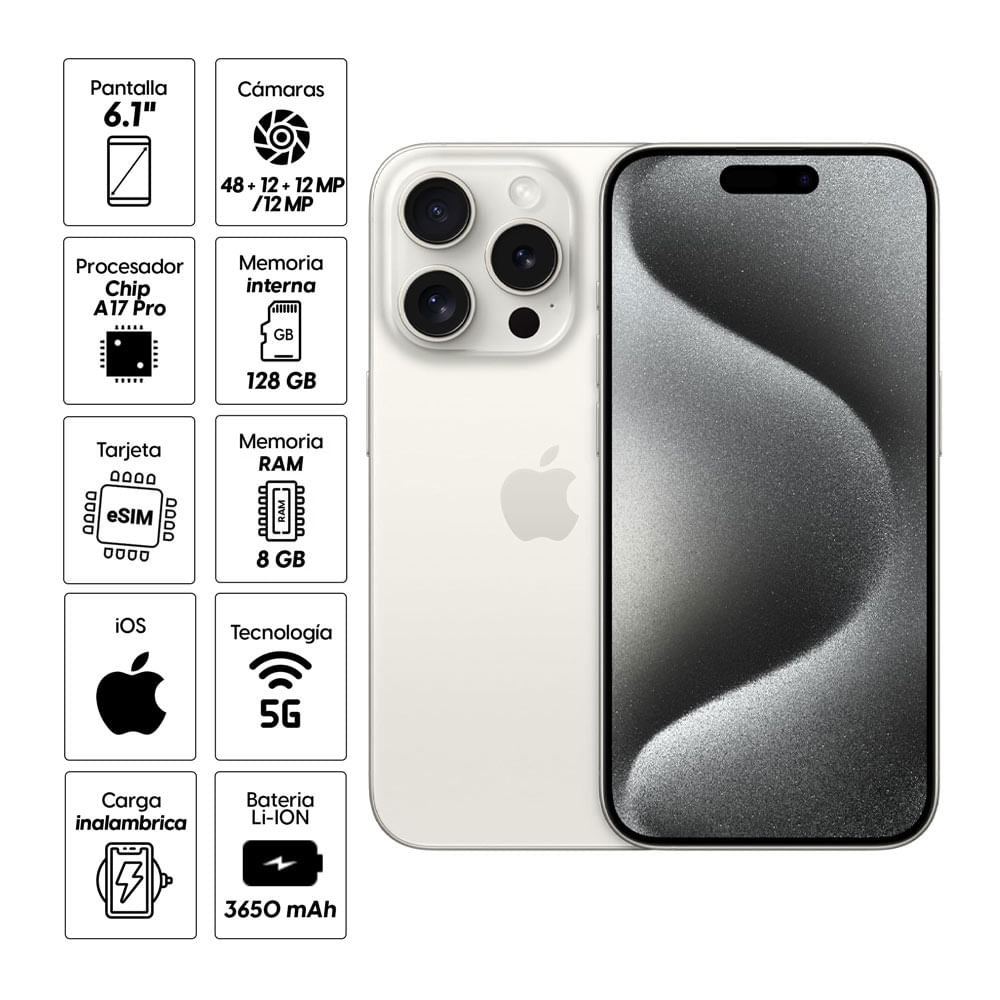 Imagen 2 del producto iPhone 15 Pro eSIM 5G 128GB, 8GB RAM, cámara trasera 48MP y frontal 12MP, 6.1"", White-Titanium