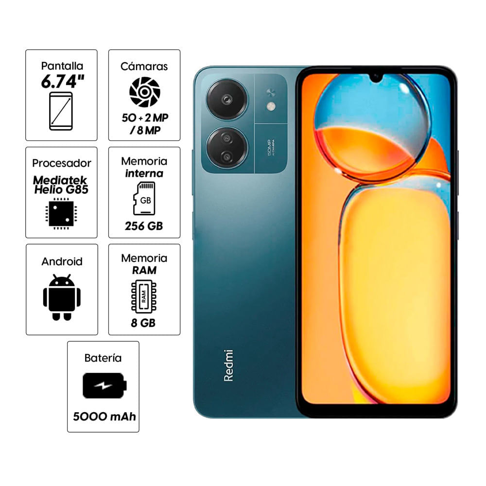 Imagen 2 del producto Celular Xiaomi Redmi 13C 256GB, 8GB RAM, cámara trasera 50MP, cámara frontal 8MP, 6.74"", Azul (reempacado)