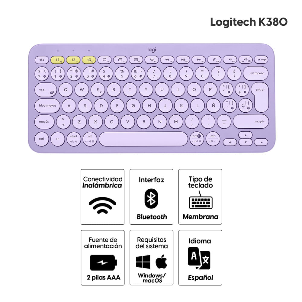 Imagen 2 del producto Teclado inalámbrico Logitech K380 bluetooth, multidispositivo, usa pilas, lavanda (reempacado)