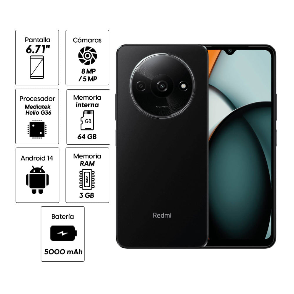 Imagen 2 del producto Reacondicionado: Celular Xiaomi Redmi A3 64GB, 3GB RAM, cámara trasera 8MP y frontal 5MP, 6.71"", negro
