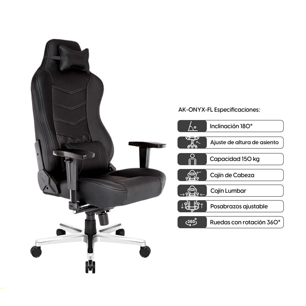 Imagen 2 del producto Reacondicionado: Silla de oficina Akracing Onyx gas lift clase 4, tapiz cuero pu, máx. 150 kg, inclinación 180°, negro