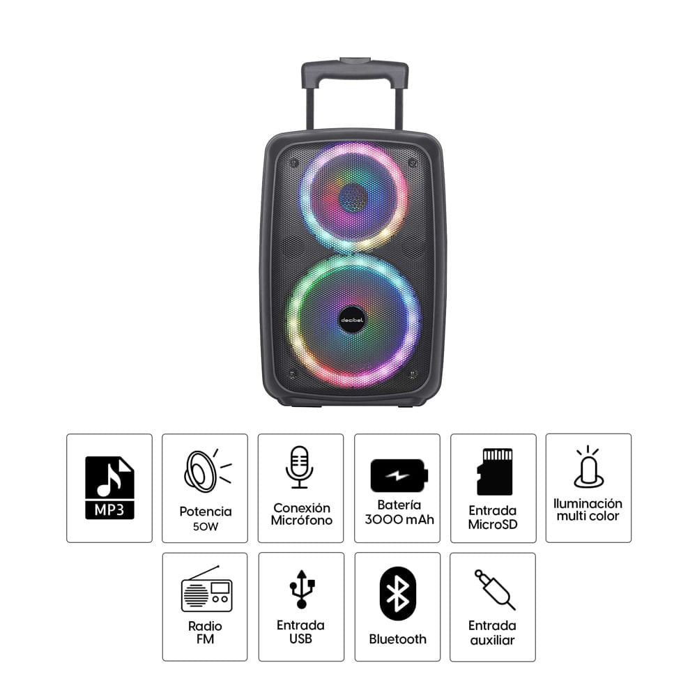 Imagen 2 del producto Reacondicionado: Parlante torre Bluetooth Decibel, 50W, Altavoces de 6.5” y 8”, Luces Led, Puerto USB, FM, control remoto