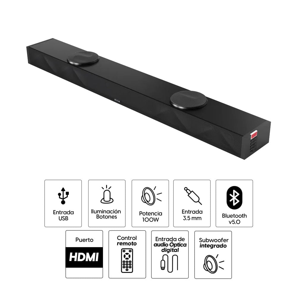 Imagen 2 del producto Reacondicionado: Barra de sonido Decibel S25, bluetooth, 2.1 canales, 100W de potencia, puerto USB, HDMI, pantalla led, negro