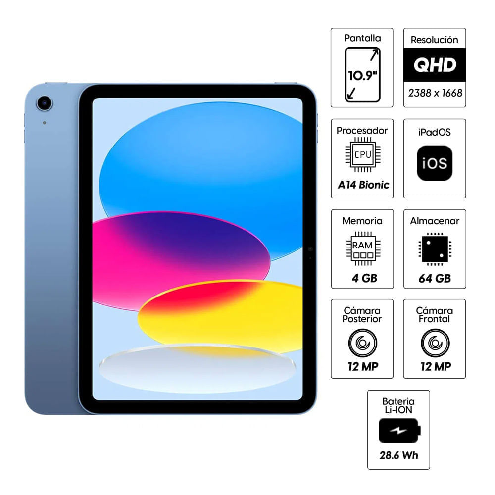 Imagen 2 del producto Reacondicionado: iPad (10ma Gen) 10.9"" Wi-Fi, 64GB, 4GB RAM, cámara principal 12MP y frontal 12MP, A14 Bionic, azul