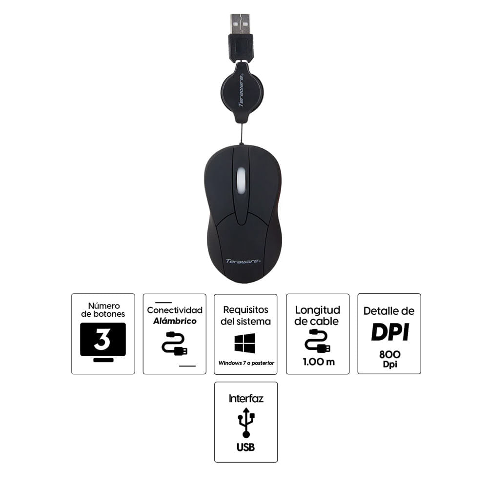 Imagen 2 del producto Reacondicionado: Mouse mini alámbrico Coolbox Teraware, cable retráctil, 800 dpi, 3 botones, negro