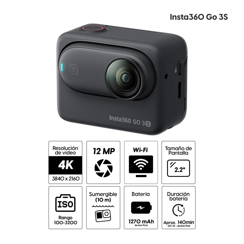 Imagen 2 del producto Cámara de acción Insta360 Go 3S Standard Edition grabación en 4K, batería hasta 140 min con GO 3S + Action Pod, pantalla abatible 2.2"", Wi-Fi, negro