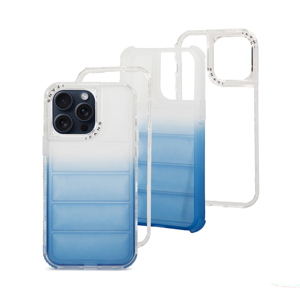 Case para iPhone 15 Pro Max Protección 360 acabado puffer, degradado azul