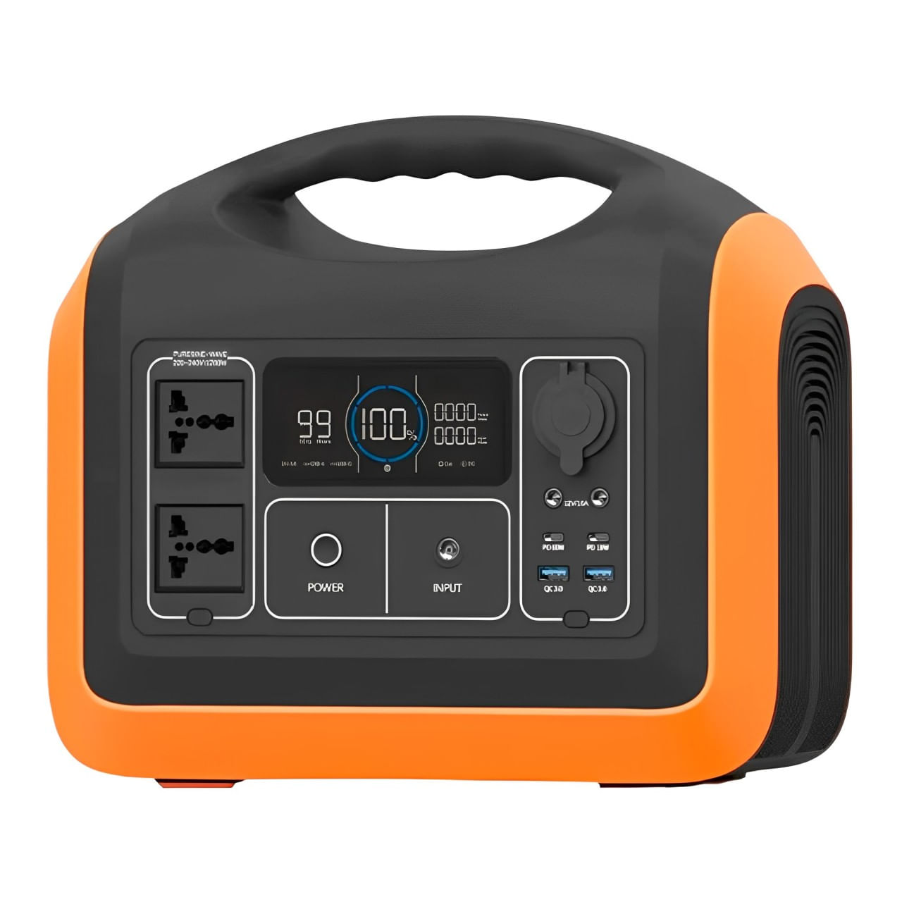 Estación de energía portátil 1200W, 9 salidas, color negro con anaranjado