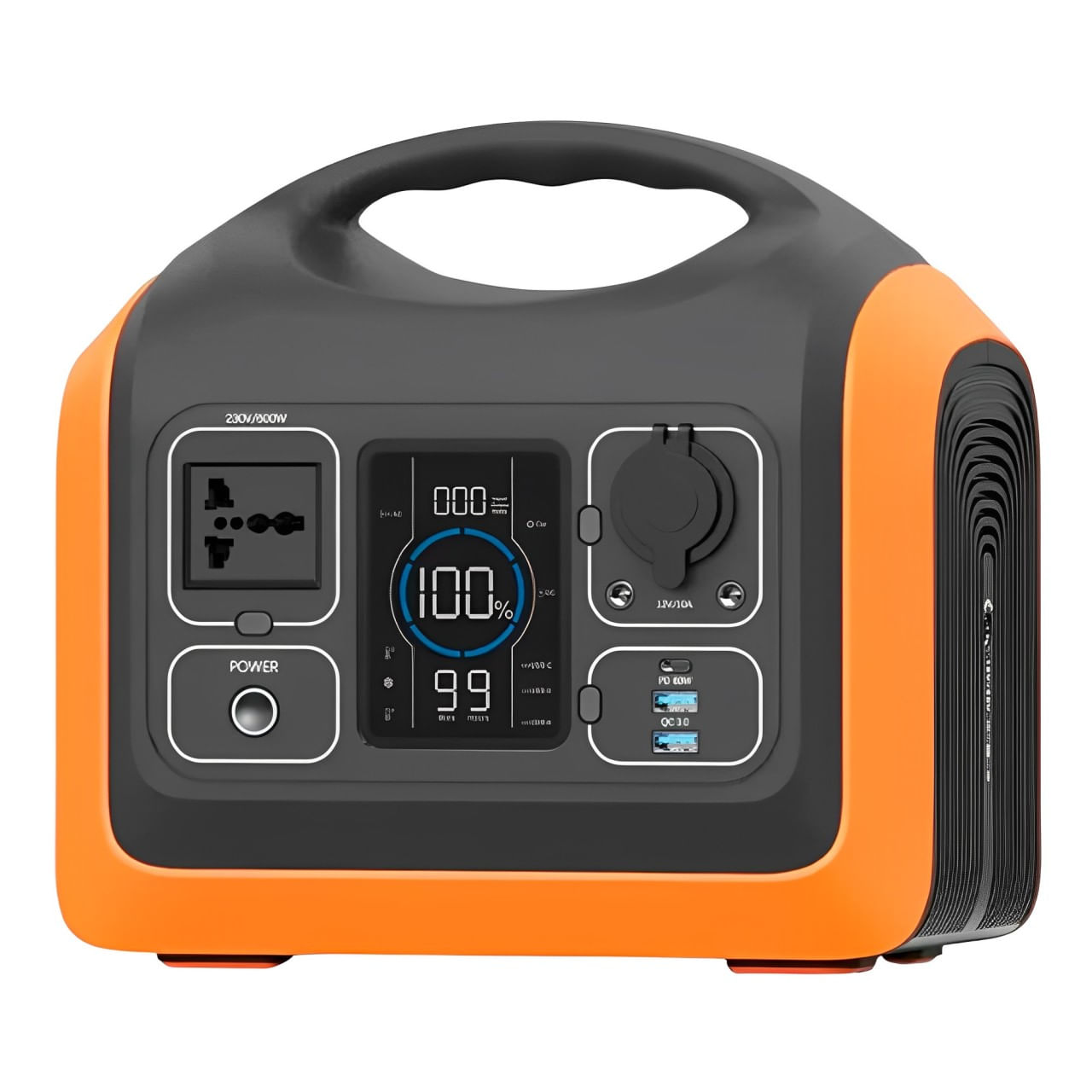 Estación de energía portátil 600W, 7 salidas, color negro con anaranjado