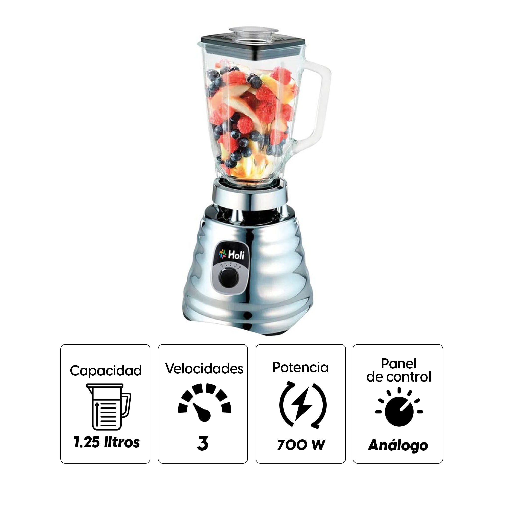 Imagen 2 del producto Licuadora Holi 700W, 3 velocidades, con vaso de vidrio 1.25 litros, plateado