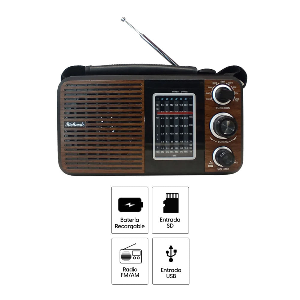 Imagen 2 del producto Reacondicionado: Radio Portátil Richards Vintage Mini X-Bass, Am y Fm, Batería Recargable con enchufe o modo pilas, conexión puerto USB y SD