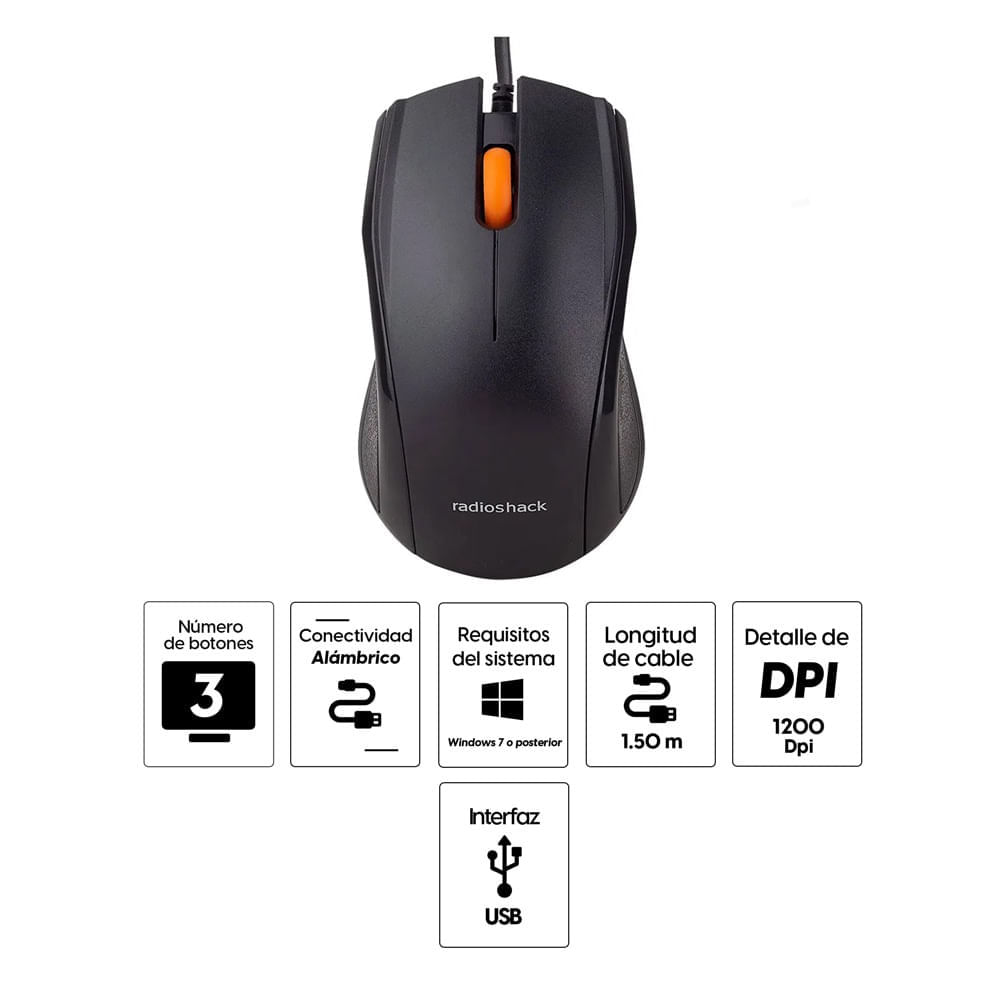 Imagen 2 del producto Reacondicionado: Mouse alámbrico Radioshack, conexión usb, 1200 dpi, 3 botones, negro