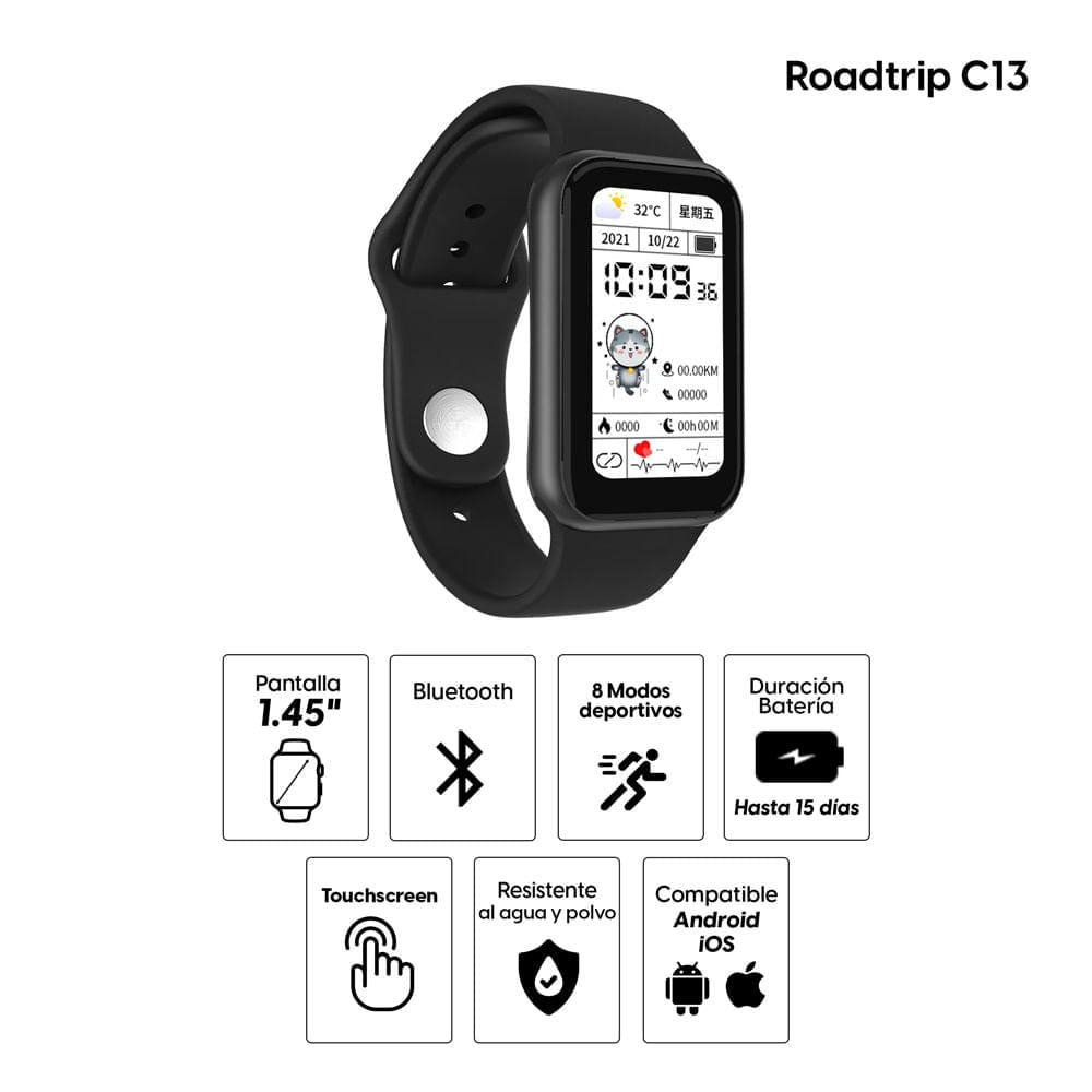Imagen 2 del producto Reacondicionado: Smartwatch Roadtrip C13, certificación IP65, 8 modos deportivos, apróx. 15 días, 1.45"" FT, negro