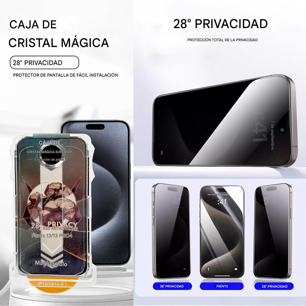 Imagen 2 del producto Protector de pantalla anti espía para iPhone 15 Pro, con kit de aplicación fácil