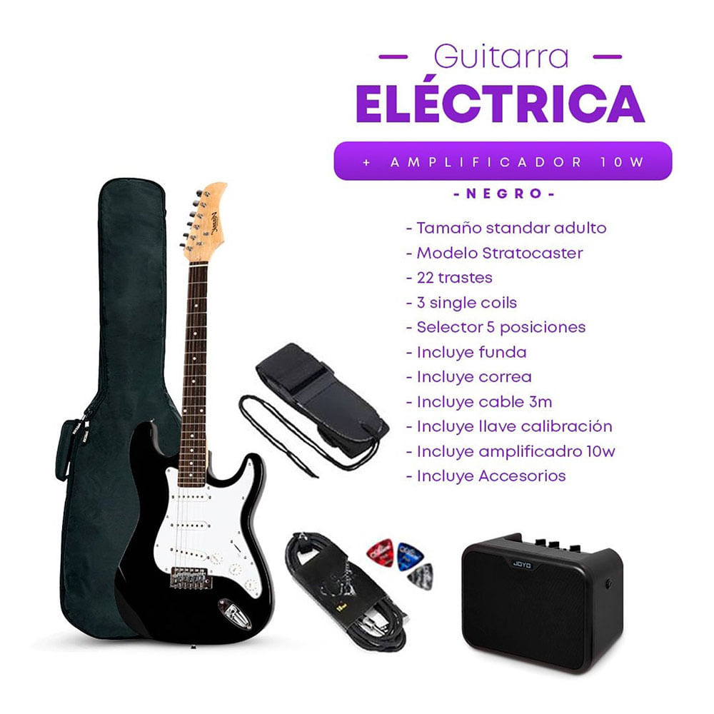 Imagen 2 del producto Guitarra Eléctrica Strato Negro + Amplificador Joyo - VZ-ST309-MA10E-BK