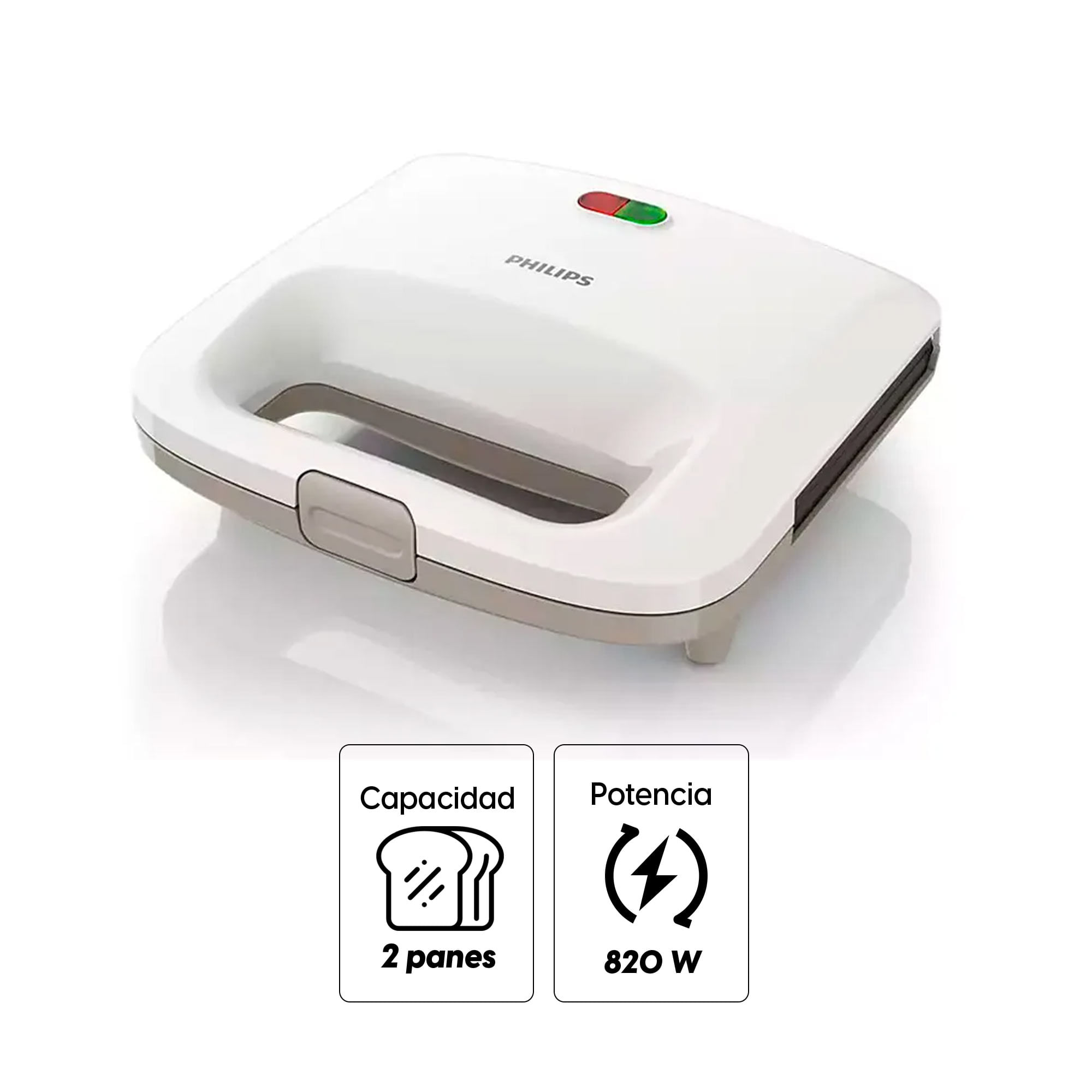 Imagen 2 del producto Sandwichera Philips Daily Collection HD2393-04 820w, capacidad para 2 panes, placas antiadherente, blanco