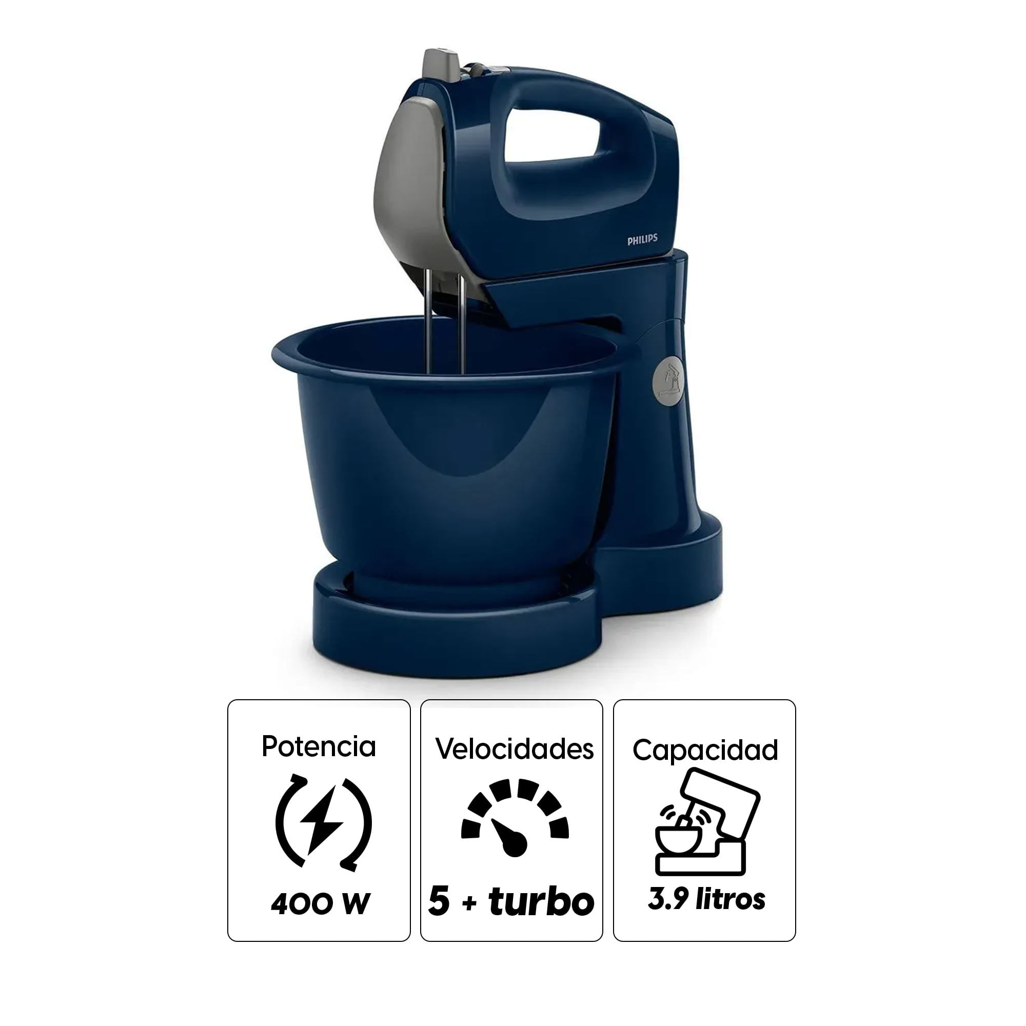 Imagen 2 del producto Batidora de pedestal Philips HR7200-50 400W, 5 velocidades + turbo, capacidad 3.9 litros, azul