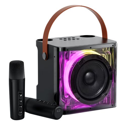 Parlante bluetooth karaoke Izuum, potencia 10W, incluye 2 micrófonos inalámbricos, luces LED, puertos USB, TF, AUX y carga Tipo-C