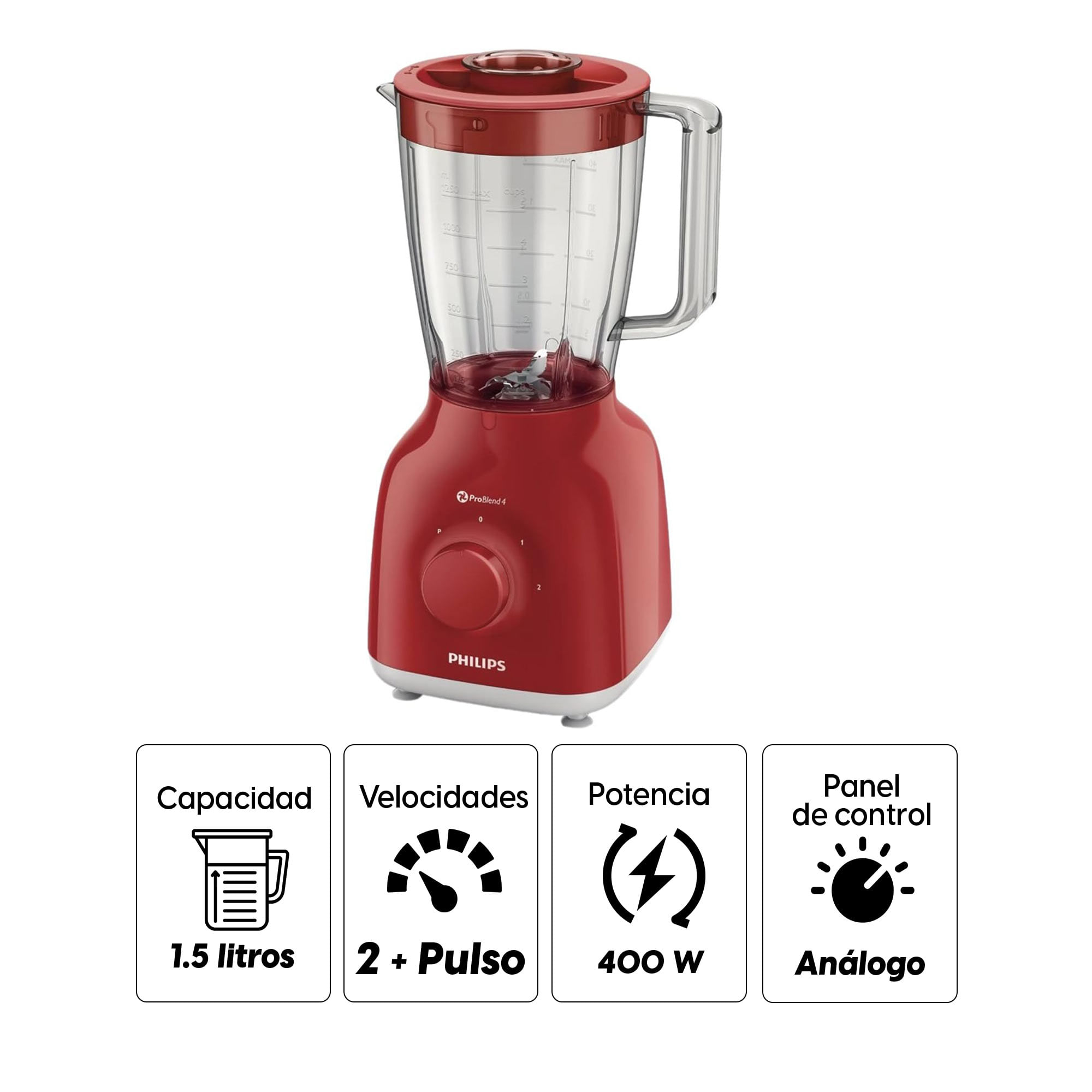 Imagen 2 del producto Licuadora Philips Daily Collection HR2105-50 400w, 2 velocidades + Pulso, con vaso de vidrio 1.5 litros, rojo