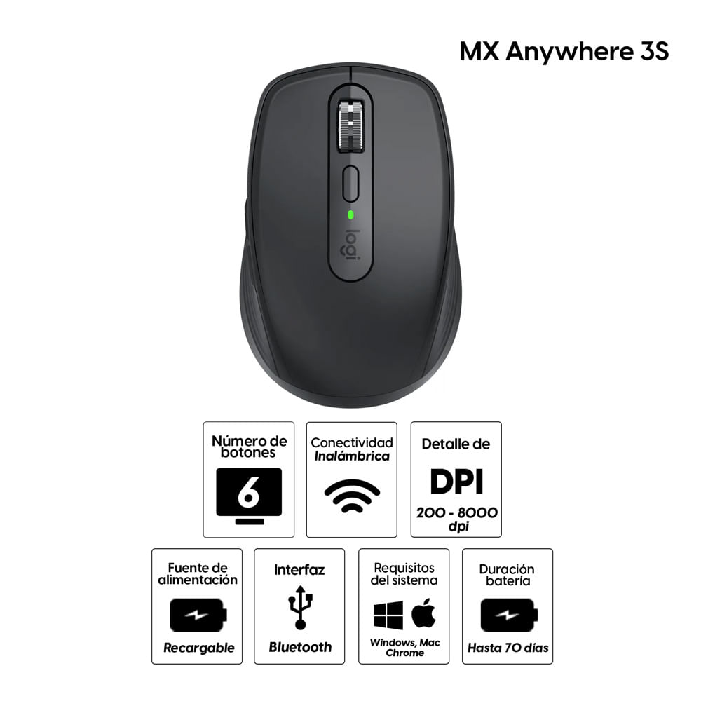 Imagen 2 del producto Mouse inalámbrico Logitech MX Anywhere 3S bluetooth, 8000 dpi, 6 botones, batería recargable 500 mAh, grafito